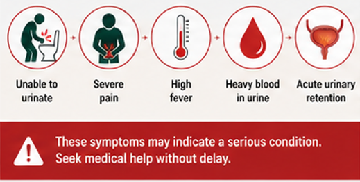 Emergency warning signs: unable to urinate, severe pain, high fever, heavy blood in urine, and acute urinary retention